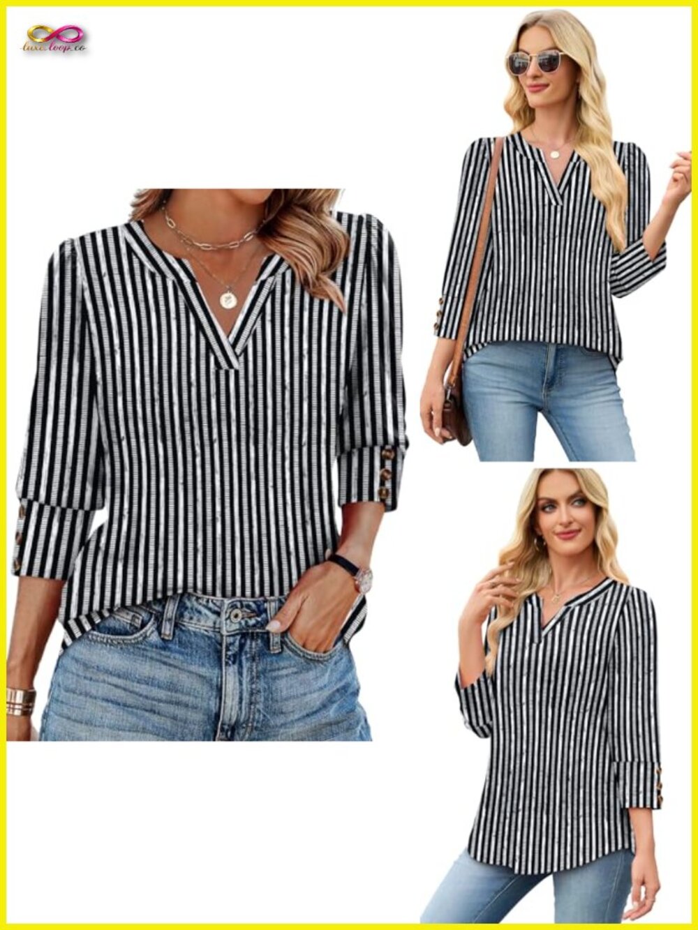 3/4 Length Sleeve V-Neck Blouse with Button Cuffs Dressy Casual Summer Top